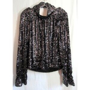 Free People Black All Over Sequin Open Back High Neck Long Sleeve Shirt LG NWT
